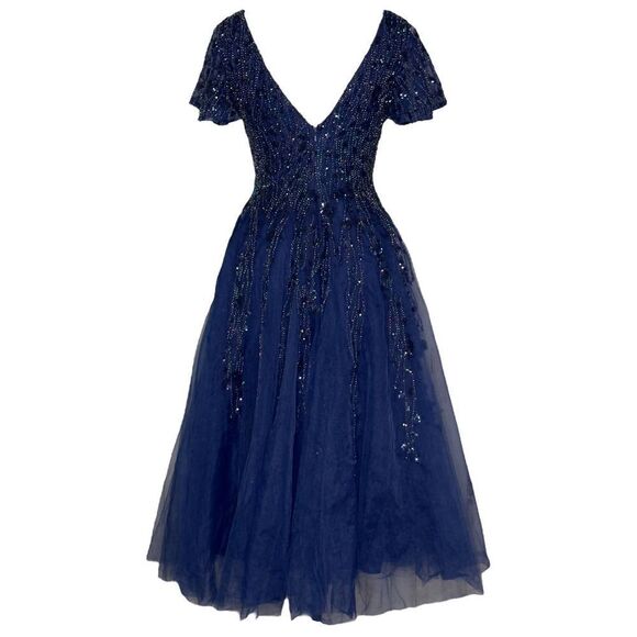 Mac Duggal Midnight Blue Embellished Flutter Sleeve Tea-Length Dress Size 0 NEW! - Picture 5 of 13